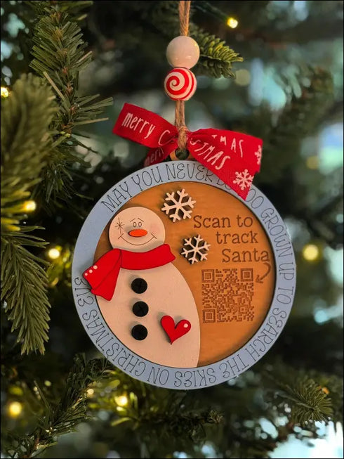 Handmade Wooden Santa Tracker Snowman Christmas Ornament with QR code for custom decor